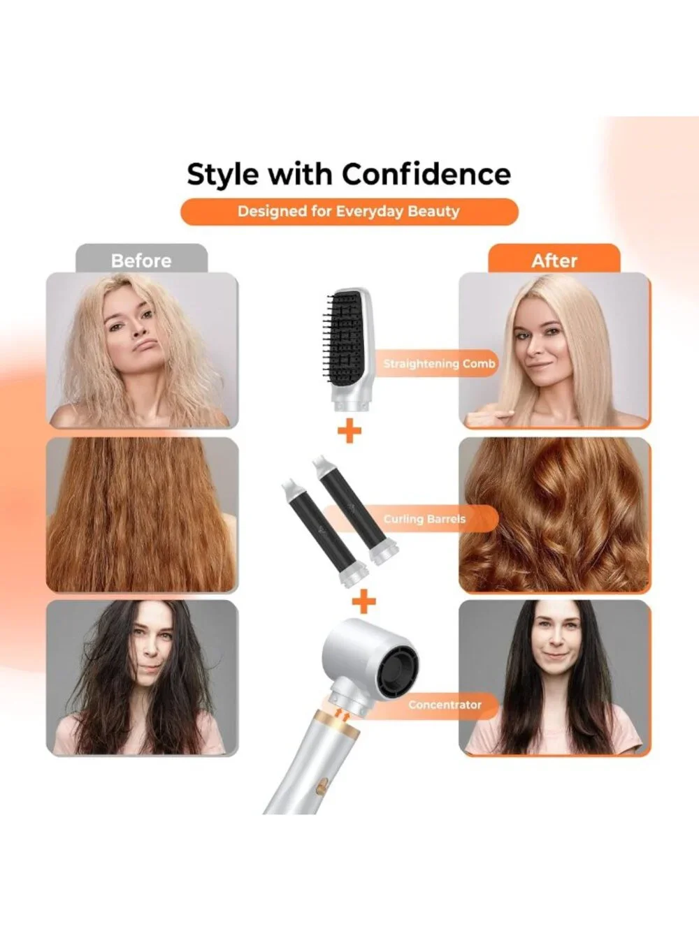5-in-1 Hot Air Brush & Curler, Fast Drying, Adjustable Temp, Detachable Styling